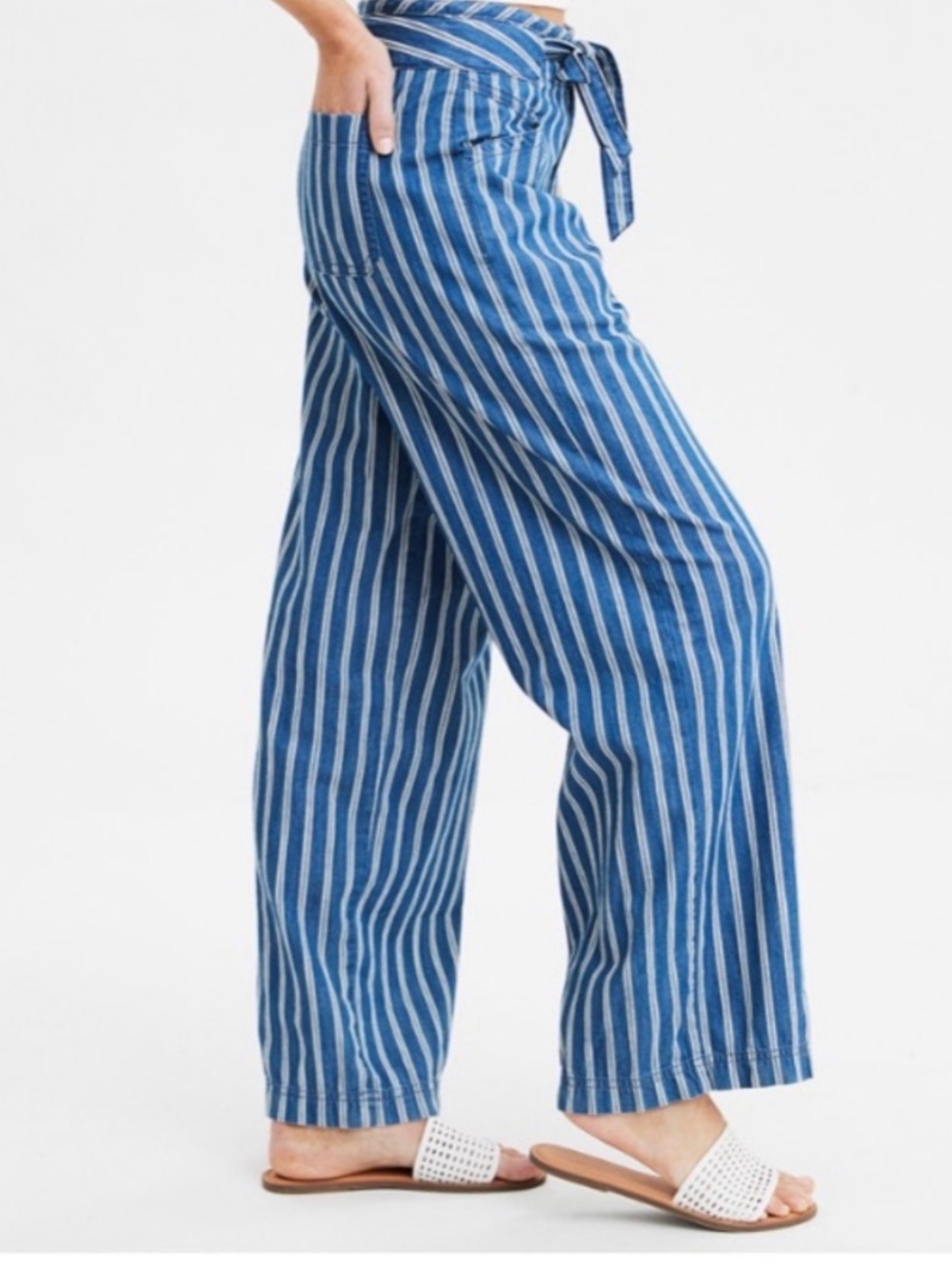 American Eagle Outfitters Blue and White Vertical Stripe Wide-Leg Pants Size 8 - Picture 2 of 14